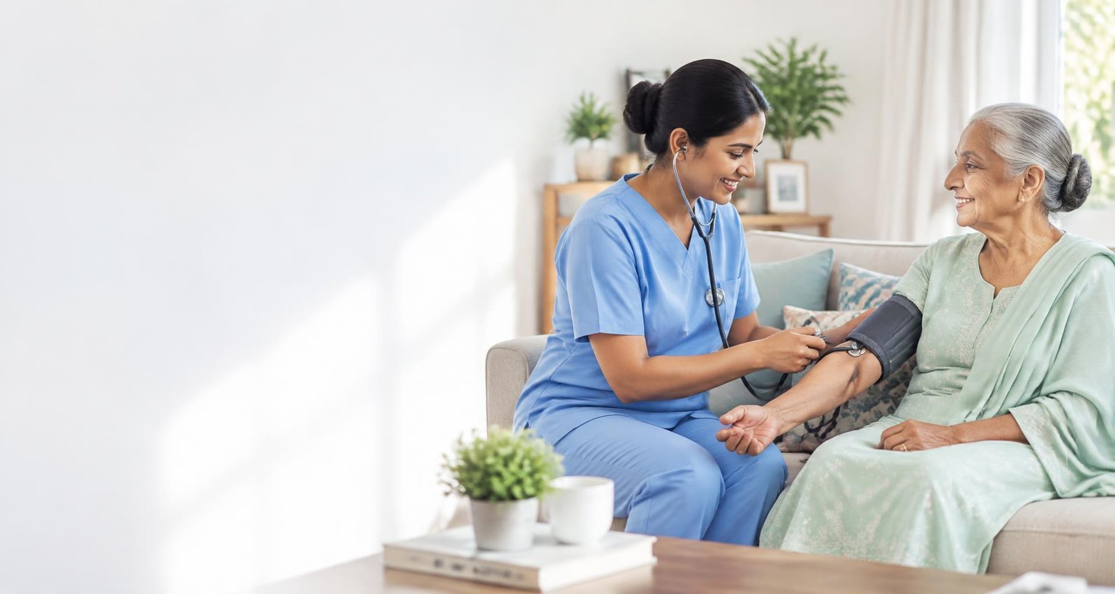 A nurse providing gentle blood pressure care to an elderly woman at home